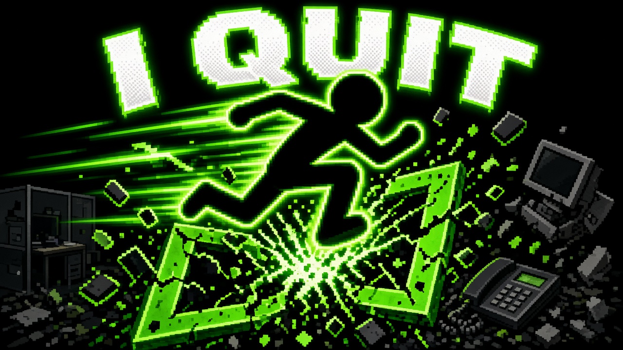 Neon green pixel-art running man bursting out of an exit sign