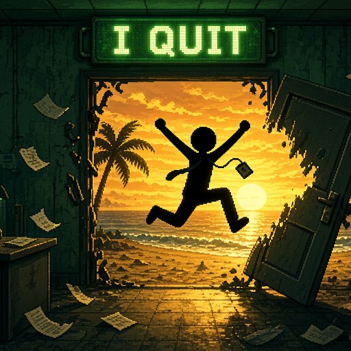 Pixel-art stick figure leaping through a kicked-open office door into a golden beach sunrise under a green I QUIT exit sign
