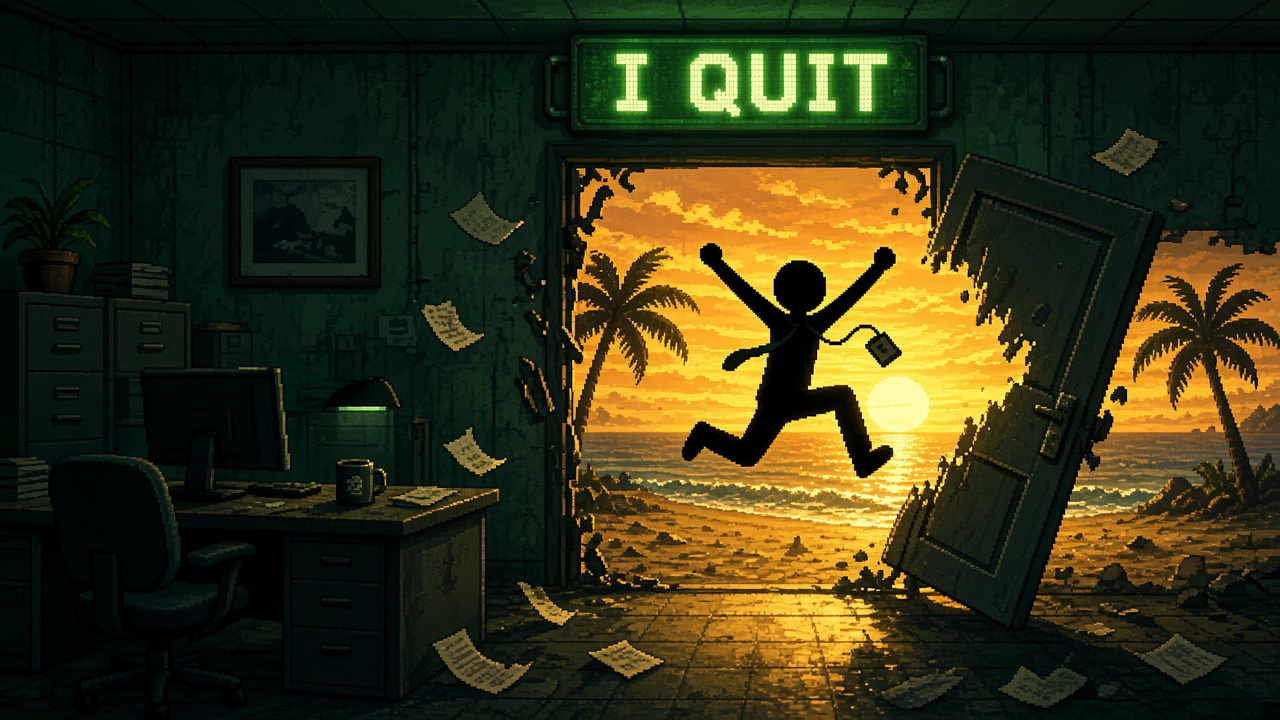 Pixel-art office with a kicked-open door to a beach sunrise under a green I QUIT sign